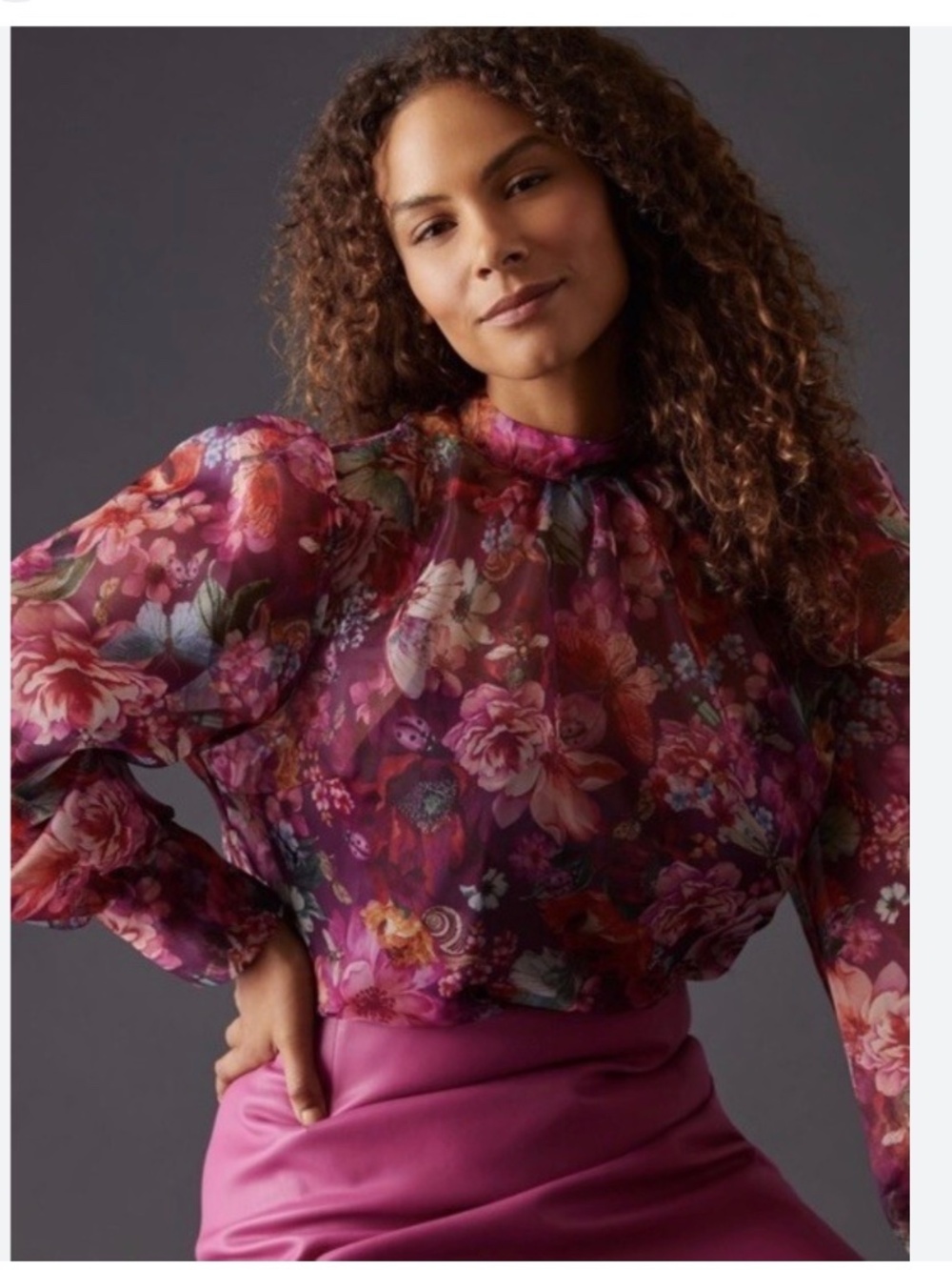 By Anthropologie Floral Puff-Sleeve Tie Back organza Blouse XL